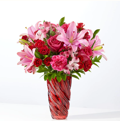 In Love Bouquet with Luxe Swirl Vase (Lily, Rose, Carnation, Spray Rose)