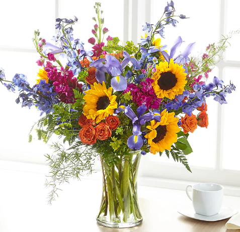 Rays of Life Bouquet (Sunflower, Delphinium, Greenery)