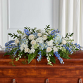 Timeless Essence Casket Spray (Roses, Delphinium, Greenery)