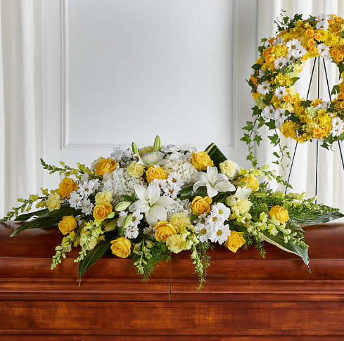 Golden Harmony Casket Spray (Roses, Snapdragon, Mums, Greenery)